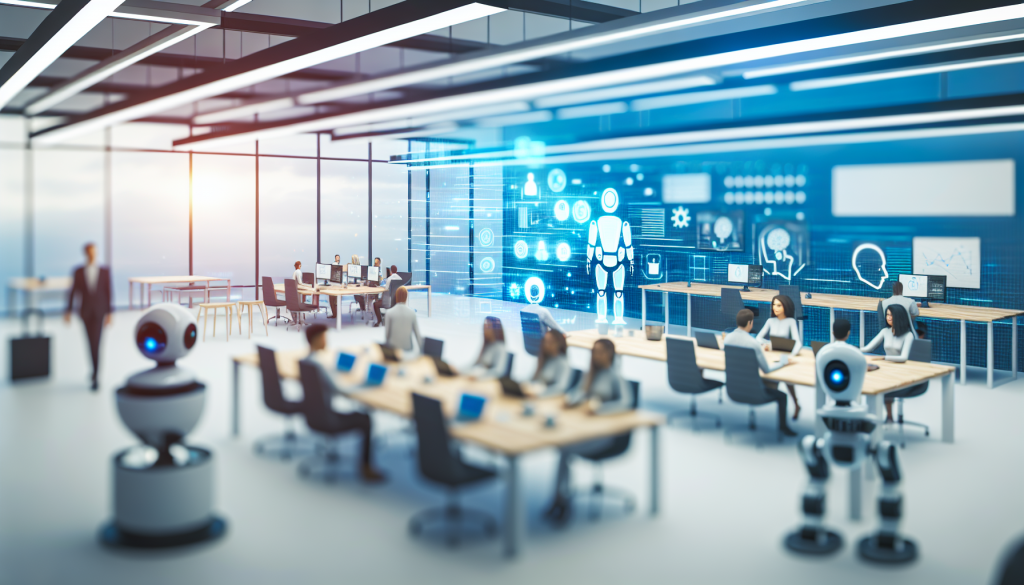Moderner Büroraum mit Robotern und Künstlicher Intelligenz im Arbeitsalltag.
